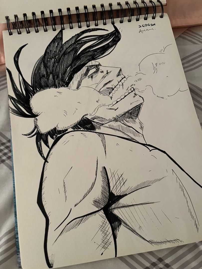 Hand-drawn Anime Sketch - Attack on Titan Fan Art (Category: Art & Prints) located in Kuala Lumpur. Submitted by bright_aurora (Listing ID 1447407823, Image 1). Description: Original ink sketch of a character from Attack on Titan. Drawn in a sketchbook. Features dynamic linework and shading. Perfect for fans of the series or anime art collectors. Signed by the artist with a date. Unique piece..