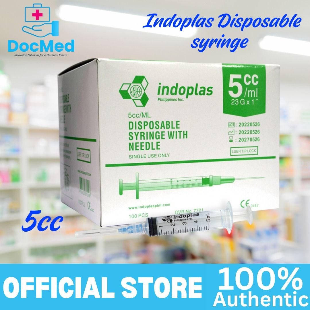 INDOPLAS SYRINGE W/ NEEDLE 5CC 100'S (Category: Medical Supplies & Tools) located in Quezon City. Submitted by marketings84097 (Listing ID 1447337472, Image 1). Description: .