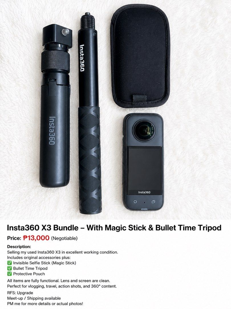 Insta360 X3 Bundle with Magic Stick & Bullet Time Tripod (Category: Cameras) located in Santa Maria. Submitted by rastabass (Listing ID 1447303966, Image 1). Description: - Used Insta360 X3 in excellent working condition. - Includes original accessories: Invisible Selfie Stick, Bullet Time Tripod, Protective Pouch. - All items fully functional. - Lens and screen are clean. - Perfect for vlogging, travel, action shots, and 360° content. - Reason f