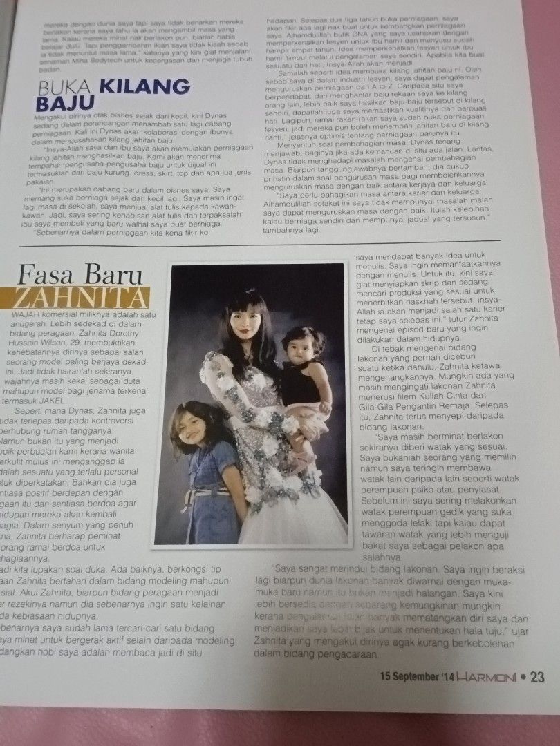 Keluarga Harmoni Magazine - September 2014 Issue (Category: Magazines) located in Putrajaya. Submitted by ainsatar (Listing ID 1447435449, Image 2). Description: September 2014 issue of Keluarga Harmoni magazine. It features articles on fashion, relationships, and family. The cover story is about 'Simple, Unik & Trendy'. Inside, you'll find features on ZAHNITA, parenting, and more. Great read for those interested in lifestyle and family topics..