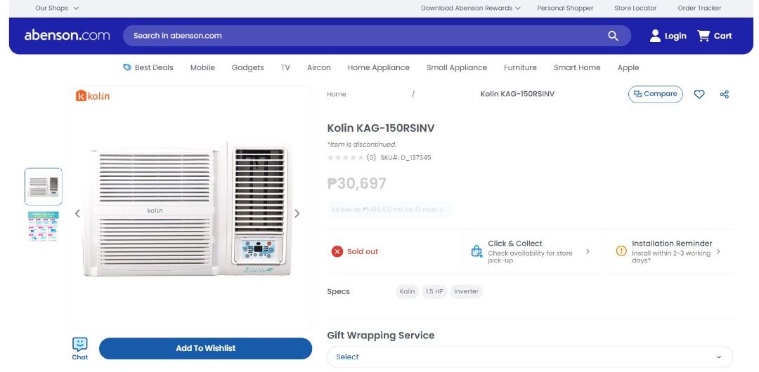 Kolin 1.5HP S-Series Inverter Window Type Air Con split type ceiling floor AC (Category: Air Conditioning and Heating) located in Manila. Submitted by thriftshopph8881 (Listing ID 1447468662, Image 2). Description: Call or text at 0/9/4/2/5/4/5/7/8/6/8 Not always online For sale only - No Swap Kolin 1.5HP S-Series (KAG-150RSINV) Inverter Window Type Air Conditioner Quick specs EER rating: 5 stars - 13,800 kJ/h (13.1) Unit Dimensions: L 660 x W 70