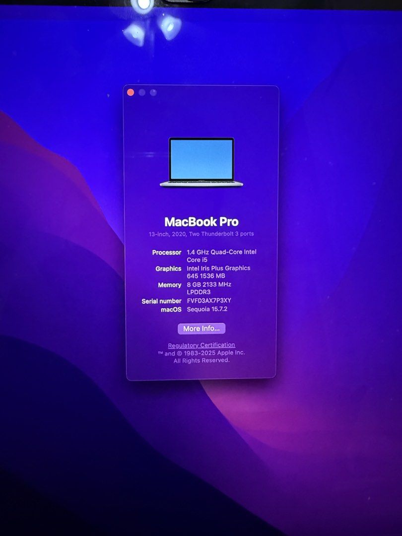 Macbook Pro 2020 Intel (Category: Laptops & Notebooks) located in Mandaluyong City. Submitted by shopatmirabells (Listing ID 1447412912, Image 2). Description: Macbook Pro 2020 Intel Core i5 Memory 8GB Storage 250GB No scratch, only issue is battery tends to drain faster but overall battery health is Normal.