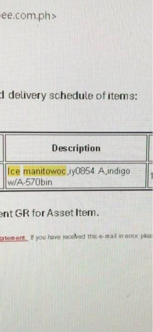 Manitowoc Ice Machine (Category: Refrigerators and Freezers) located in Manila. Submitted by natsyu (Listing ID 1447443470, Image 3). Description: - Commercial-grade ice machine - Durable stainless steel exterior - Large capacity ice storage bin - Comes with an ice scoop - Ideal for restaurants, bars, and events - Ready to produce high volumes of ice.