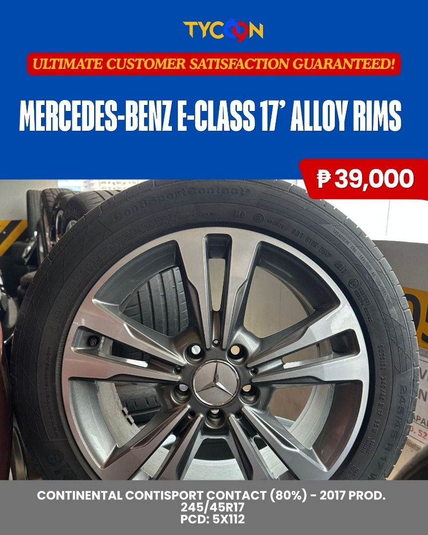 Mercedes-Benz E-Class Rims (Category: Mags and Tires) located in Pasig City. Submitted by tycoon.cars (Listing ID 1447341640, Image 1). Description: Mercedes-Benz E-Class 17’ Alloy Rims Continental ContiSport Contact (80%) - 2017 Prod. 245/45R17 PCD: 5x112.