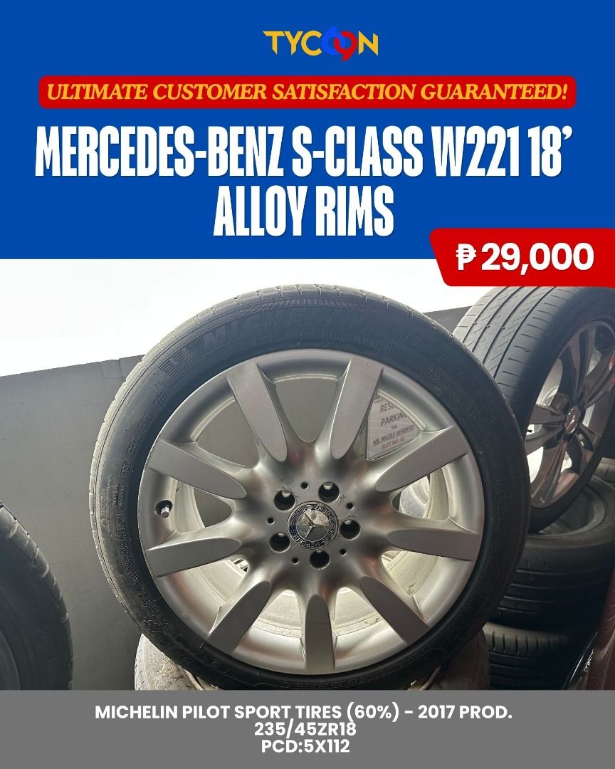 Mercedes-Benz S-Class Rims (Category: Mags and Tires) located in Pasig City. Submitted by tycoon.cars (Listing ID 1447340565, Image 1). Description: Mercedes-Benz S-Class W221 18’ Alloy Rims Michelin Pilot Sport Tires (60%) - 2017 prod. 235/45ZR18 PCD:5x112.