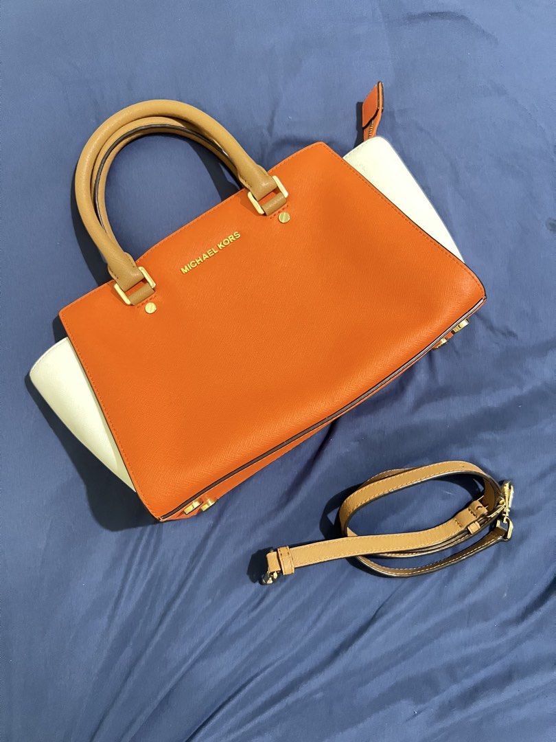 Michael Kors Colorblock Selma Medium Top-Zip Satchel (Category: Luxury Bags & Wallets) located in Manolo Fortich. Submitted by mfthrifts_ (Listing ID 1447398570, Image 1). Description: 🧡This bag is not ukay-sourced. It is guaranteed authentic, bought directly in the USA🧡 - Like new - Color: Mimosa/White/Acorn - Saffiano Leather - Features gold hardware details - Includes detachable adjustable crossbody strap - Spacious interior for everyday ess