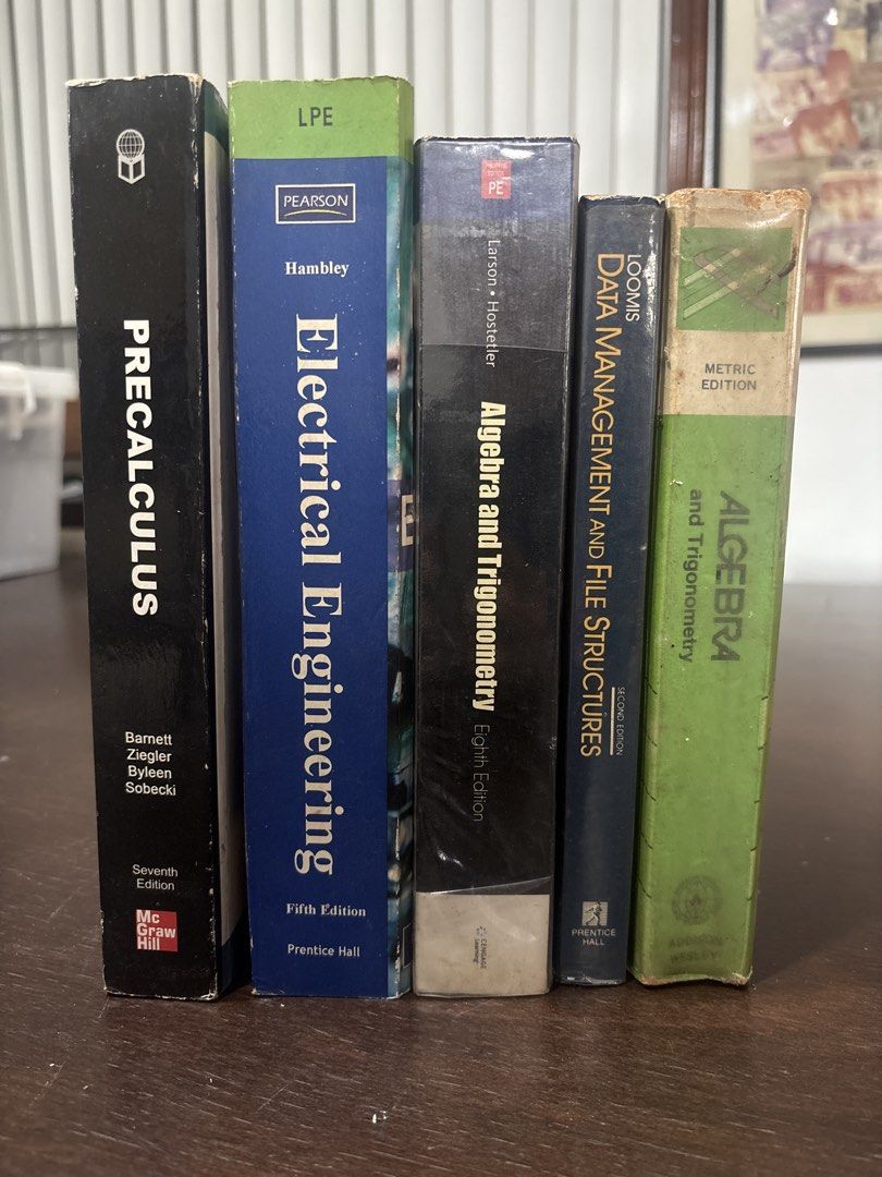Old Textbooks (Category: Textbooks) located in Paranaque City. Submitted by personal.shelf (Listing ID 1446796204, Image 1). Description: ❌Precalculus (7th ed) - Barneyt, Ziegler, Byleen, Sobecki [SOLD]❌ Electrical Engineering (5th ed) - Hambley ❌Algebra and Trigonometry (8th ed) - Larson, Hostetler [SOLD]❌ Data Management and File Structures (2nd ed) - Loomis ❌Algebra and Trigonometry (3rd ed) [SOLD]❌.
