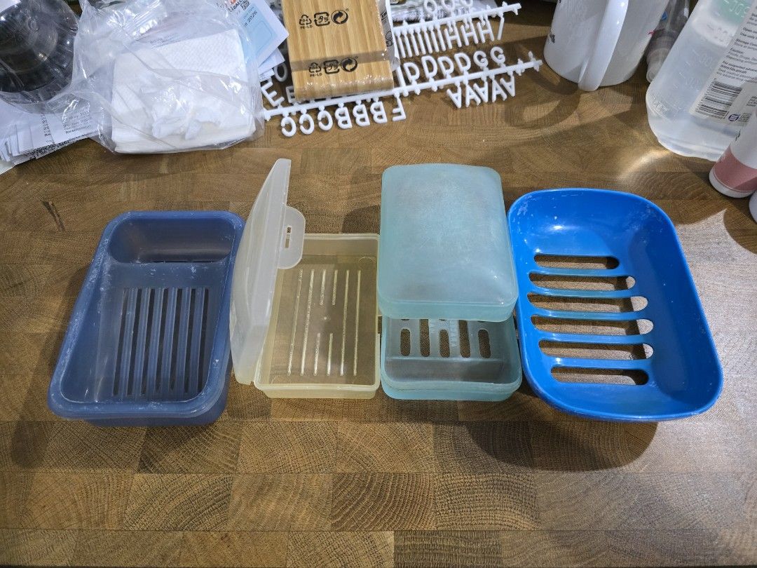 Plastic Soap Dish (P5 each) (Category: Bath) located in Makati City. Submitted by shopaholicsgallery (Listing ID 1447397656, Image 1). Description: - plastic soap dish - Colors: 1 blue, 2 light blue/teal, 1 clear with lid - Features drainage slots to keep soap dry - Ideal for bathrooms and kitchens - P5 each - RFS: decluttering.