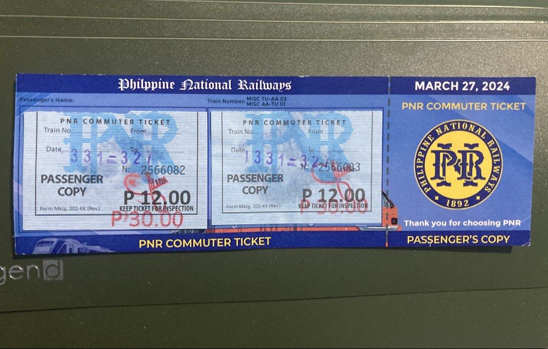 PNR commemorative commuter ticket transport ticket (Category: Vintage Collectibles) located in Angono. Submitted by severoyug (Listing ID 1447423390, Image 1). Description: Issued on their last day of operations before closing for renovations. Highly collectible historical item.