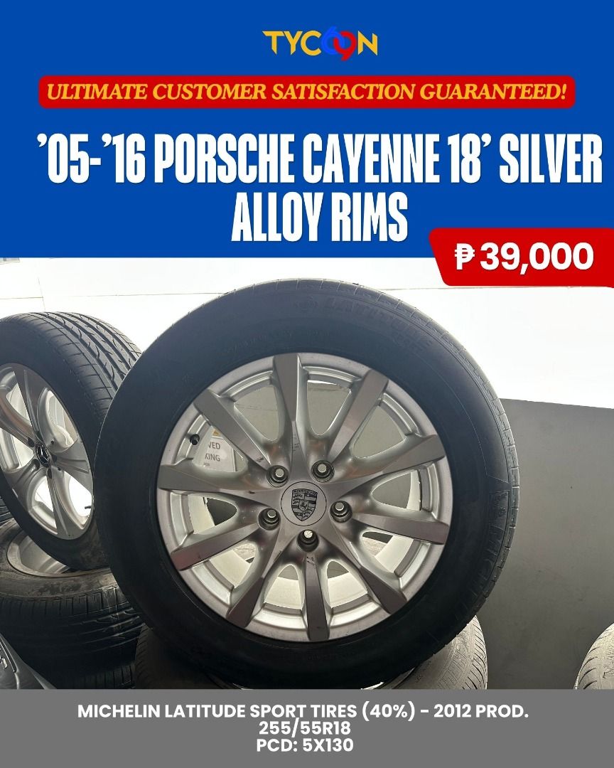 Porsche Cayenne Rims (Category: Mags and Tires) located in Pasig City. Submitted by tycoon.cars (Listing ID 1447338444, Image 1). Description: ’05-’16 Porsche Cayenne 18’ Silver Alloy Rims Michelin Latitude Sport Tires (40%) - 2012 prod. 255/55R18 PCD: 5x130.