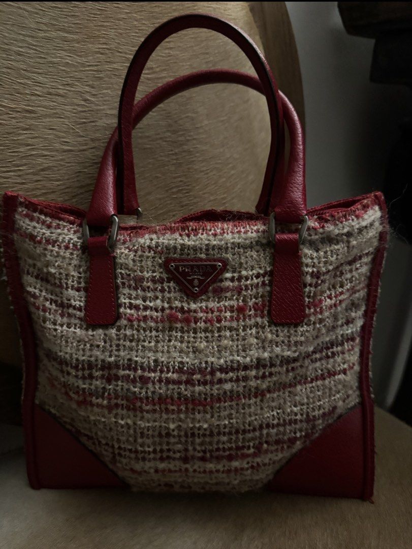 Prada Tweed and Leather Tote Bag, Luxury, Bags & Wallets on Carousell