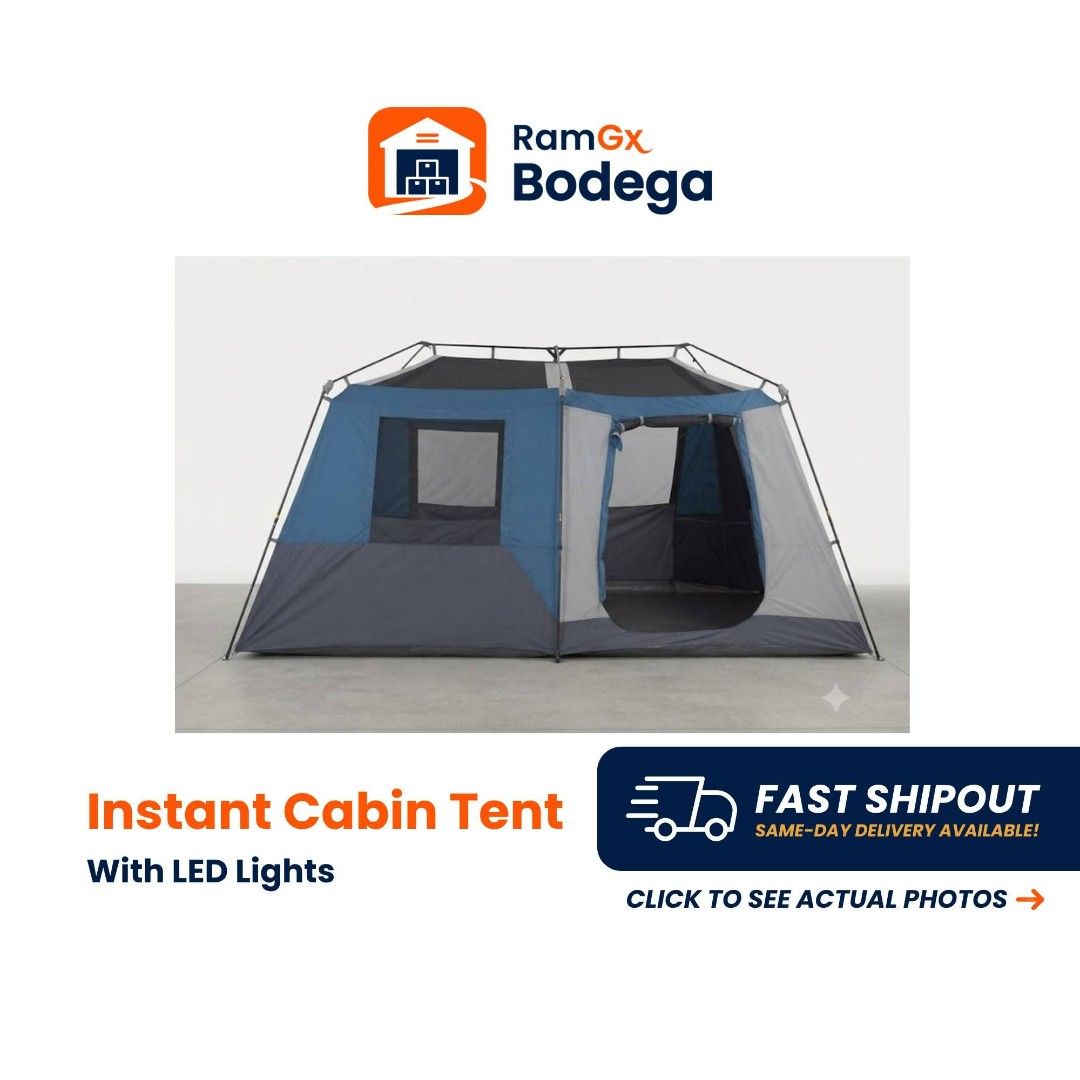 RamGx Bodega Instant Cabin Tent With LED Lights (Category: Hiking & Camping) located in Manila. Submitted by ramg.x (Listing ID 1447309609, Image 1). Description: - Instant cabin tent with built-in LED lights - Easy and quick setup for camping trips - Perfect for outdoor adventures - Includes battery compartment for lights - Selling as is.