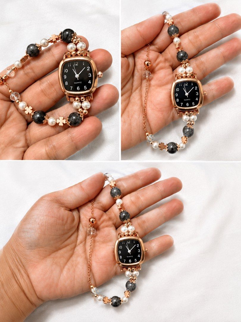 Rose Gold Quartz Watch with Beaded Bracelet (Category: Women's Watches) located in Guagua. Submitted by dixie_1028 (Listing ID 1447310384, Image 1). Description: - Unique square face watch - Black dial with rose gold casing - Bracelet with beads, pearls, and flower charms - Quartz movement - Perfect accessory for a distinctive look.