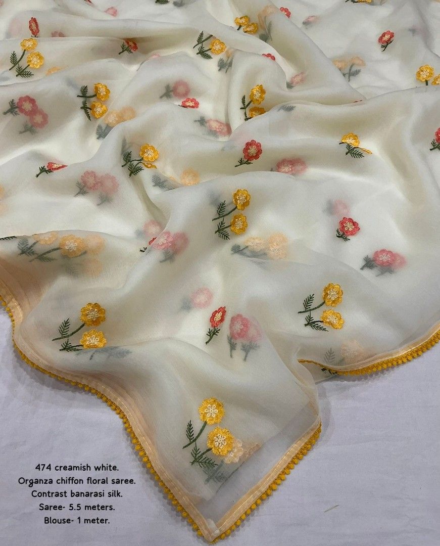 Saree (Category: Traditional & Ethnic wear) located in Singapore. Submitted by queenscorner (Listing ID 1447327521, Image 3). Description: *new arrivals* New organza chiffon saree Vanila white organza chiffon saree with flower butti embroidery. Cotton lace patched. Contrast pure banarasi silk minakari blouse. pre order Saree- 5.5 meters Blouse- 1 meter Top trusted quality.