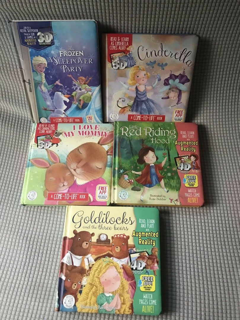 Interactive 3D/4D Augmented Reality Children's Books (Category: Children's Books) located in Santa Rosa. Submitted by grace116 (Listing ID 1447334549, Image 2). Description: - Bundle of 5 interactive children's books - Includes: Goldilocks, Little Red Riding Hood, I Love My Mommy, Cinderella, and Frozen A Sleepover Party - Features Augmented Reality (AR) to bring stories to life - Simply download the free app and scan the pages - Highly engaging 