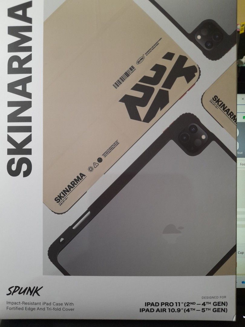 IPad (Category: Laptop Bags & Sleeves) located in Quezon City. Submitted by jeanmariego1 (Listing ID 1447302204, Image 1). Description: ipad case and iPad cable charger. BUNDLE PRICE 1,800 The SKINARMA SPUNK case is a premium protective case designed for the iPad Pro 11-inch and iPad Air 10.9-inch. It combines rugged protection with a slim, urban-inspired design. Key specifications & features: Compatible models: iPad Pro 11" (2nd–4th Gen, dependi