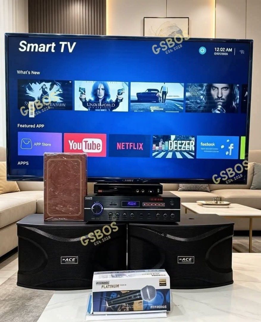 Home Entertainment Set (Category: Soundbars, Speakers & Amplifiers) located in Manila. Submitted by nixx1103 (Listing ID 1447334494, Image 1). Description: Home entertainment set 🅿️15,800 set ✓45inch Smart Tv ✓Ace Speaker 350watts x 2pcs ✓Ace Amplifier 700watts ✓DRM player with cd ✓Songbook 🆓Microphone.