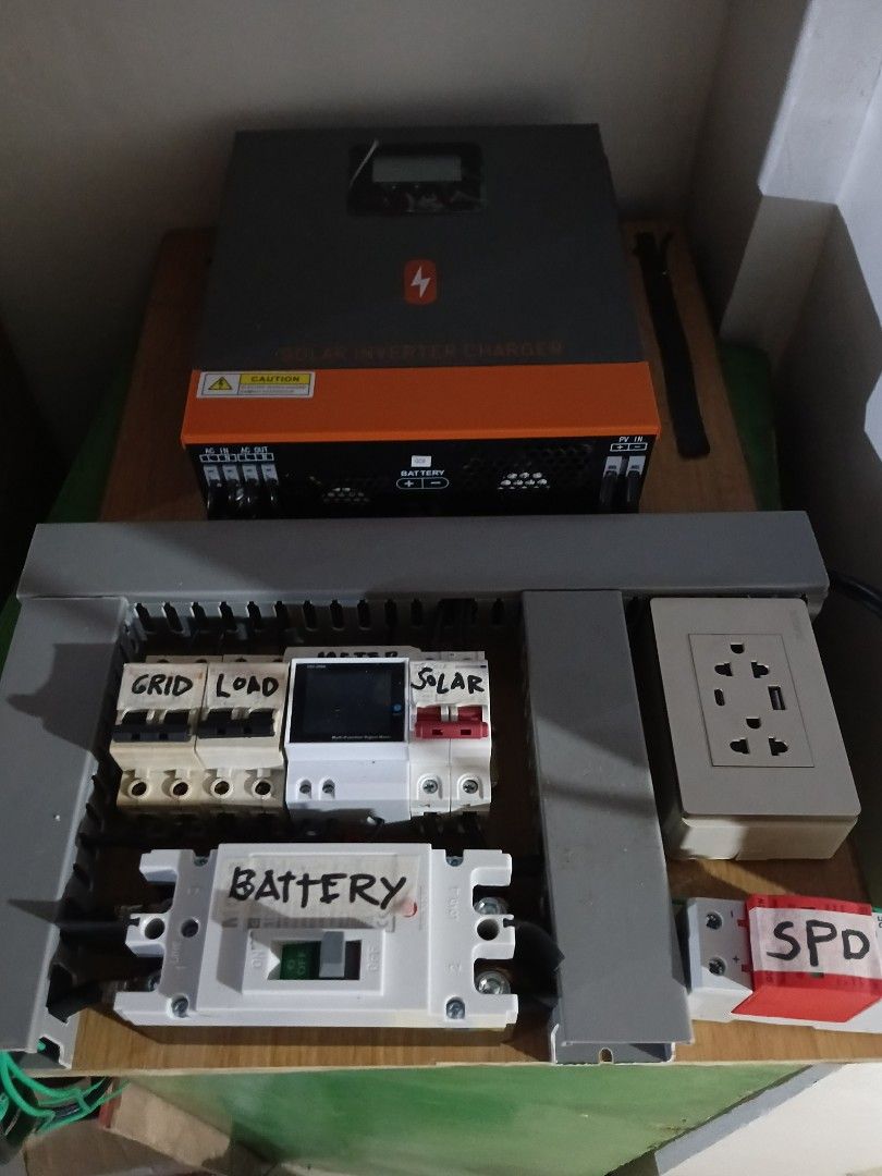 Solar Inverter System with Battery, Grid, Load, Solar, and SPD (Category: Everything Else Others) located in Caloocan City. Submitted by erintiffan89373 (Listing ID 1447460608, Image 1). Description: - Complete solar inverter setup 12v 1kw personal used - Includes main inverter unit - Battery breaker - Grid/load breakers - Solar breaker - Universal socket - Surge protection (SPD) - Ready for installation - Sold as a set - with brand new battery 1