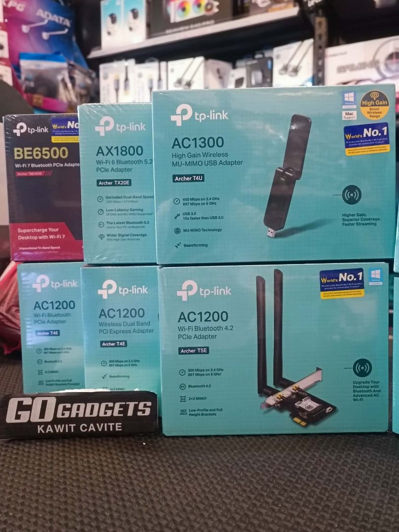 TP-LINK ADAPTERS (Category: Cables & Adaptors) located in Caloocan City. Submitted by kentsalvador31 (Listing ID 1447315951, Image 2). Description: - TP-Link Wi-Fi and Bluetooth Adapters - Various models available (PCIe, USB Nano) - Enhance internet speed and wireless connectivity - Supports latest Wi-Fi and Bluetooth standards - Ideal for PC upgrades.