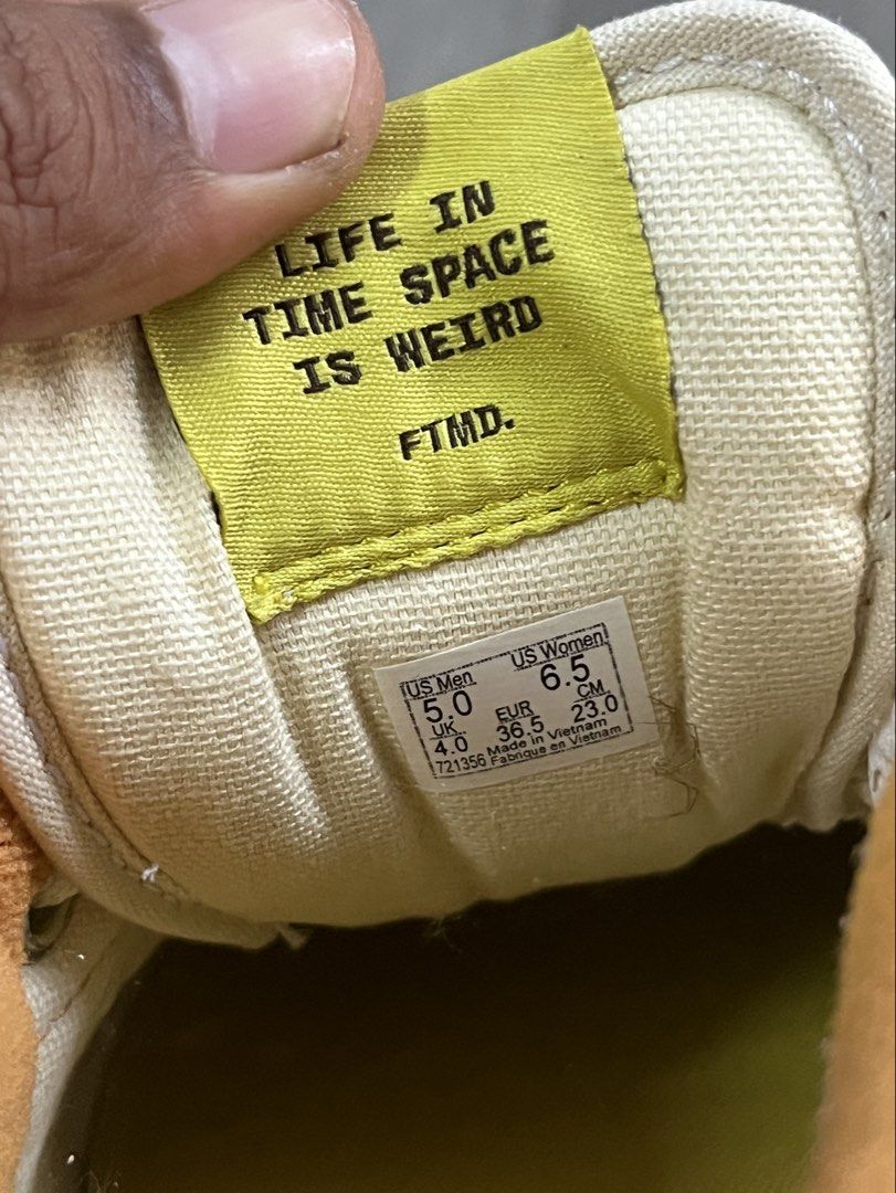 Vans Half Cab - FTMD (Category: Sneakers) located in Kuala Lumpur. Submitted by hustlewbless (Listing ID 1447382239, Image 3). Description: - Vans Half Cab x FTMD collaboration sneakers - Unique 'Life in Time Space is Weird' graphic on the tongue - Stylish beige and tan colorway.