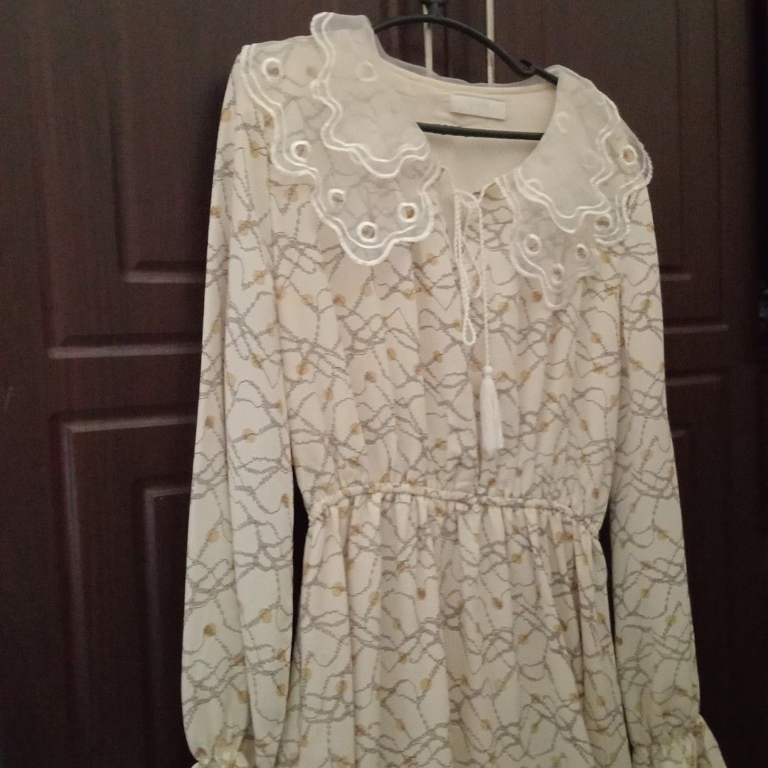 Vintage Longsleeve Dress (Plus Size) (Category: Dresses) located in Lipa City. Submitted by bookshaven (Listing ID 1447403165, Image 1). Description: Cream Long Sleeve Dress -lace collar with eyelet details -long sleeves with ruffled cuffs -can fit to XL, elasticated waist -neckline ties with a tassel detail.