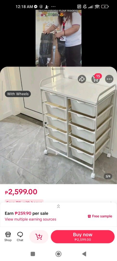 White 8-Drawer Storage Cart with Wheels (Category: Storage Boxes & Baskets) located in Malolos. Submitted by atelier_fox (Listing ID 1447315449, Image 2). Description: - White storage cart with 8 drawers - Flat top surface for display - Equipped with wheels for easy mobility - Perfect for organizing toys or craft supplies - Drawers contain colorful items - Ideal for playrooms or craft rooms.