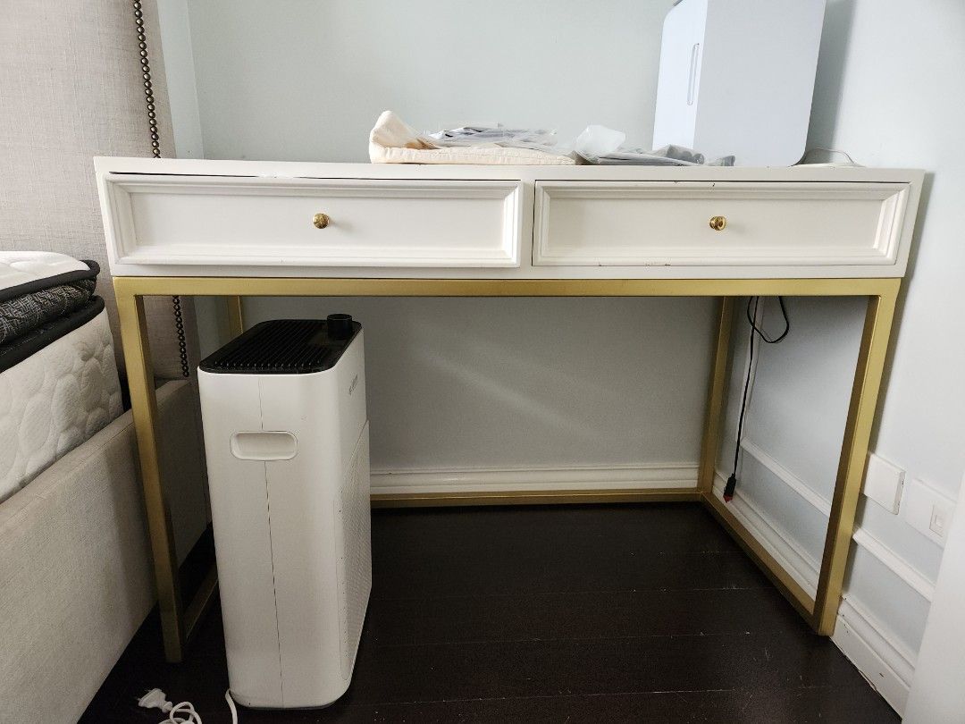 White and Gold Study Desk with Drawers (Category: Tables & Sets) located in Quezon City. Submitted by _msp_ (Listing ID 1447334951, Image 2). Description: Selling this desk as is. Please refer to photos for the stains. :) Dimensions: 109cm (width) 51cm (depth) 76cm (height).