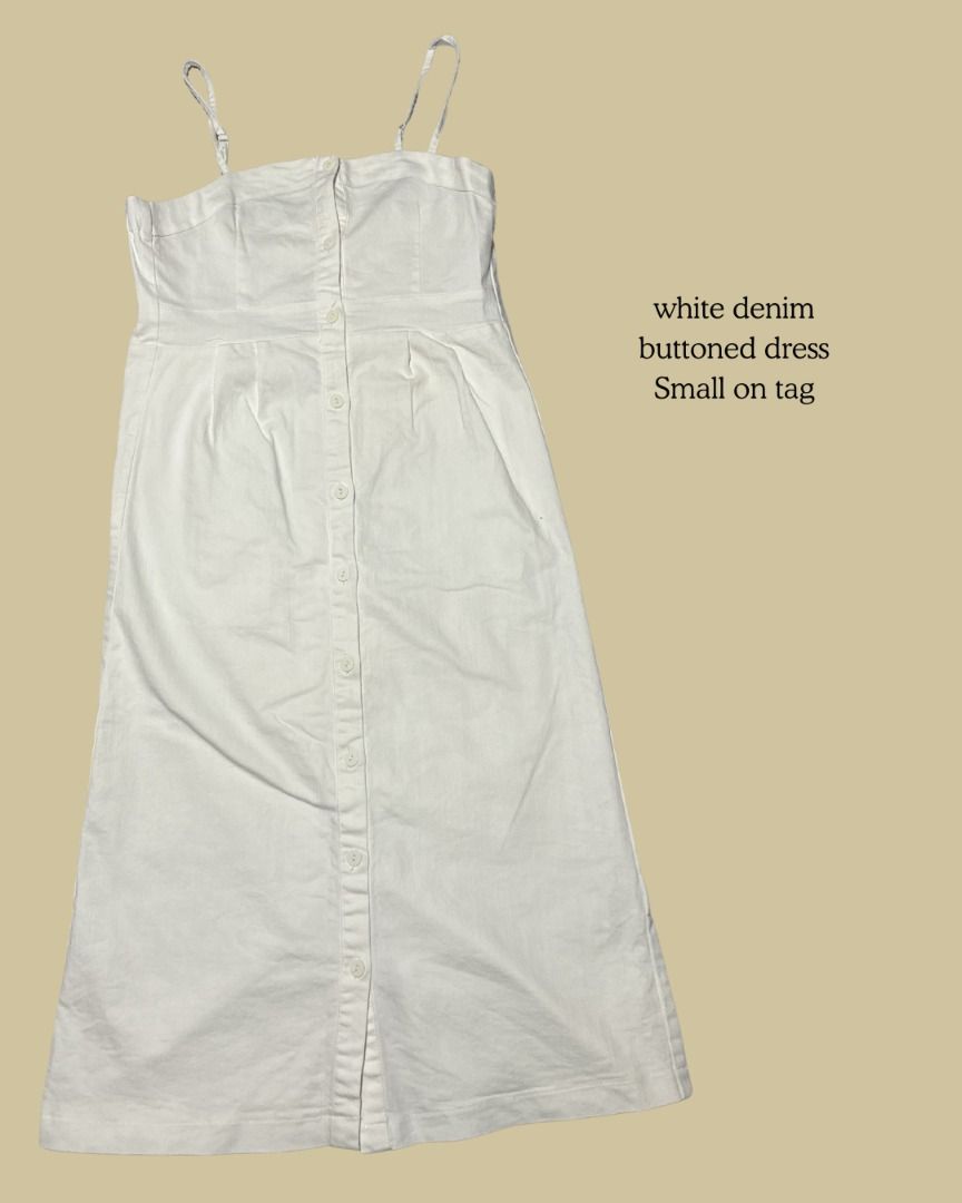 White denim buttoned dress (Category: Dresses) located in Legazpi City. Submitted by cessdeclutters (Listing ID 1447309509, Image 1). Description: White denim dress Button closure needs washing size small on tag.