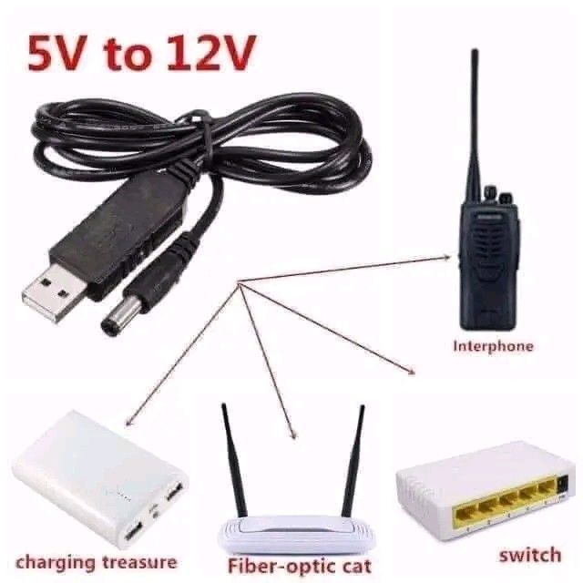 5V-12V USB Power Cable for Modems, Routers, TV Plus (Category: Cables & Adaptors) located in Manila. Submitted by marvieobordo (Listing ID 1452782528, Image 2). Description: - Converts 5V USB to 12V DC power - 5.5*2.1mm DC output connector - 1A current output - Plug into power banks, car chargers, or laptop USB ports - Ideal for broadband modems, WiFi routers, TV Plus, interphones, and charging treasures.