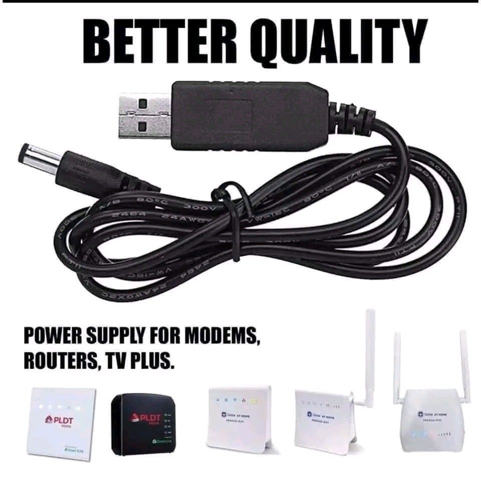 5V-12V USB Power Cable for Modems, Routers, TV Plus (Category: Cables & Adaptors) located in Manila. Submitted by marvieobordo (Listing ID 1452782528, Image 1). Description: - Converts 5V USB to 12V DC power - 5.5*2.1mm DC output connector - 1A current output - Plug into power banks, car chargers, or laptop USB ports - Ideal for broadband modems, WiFi routers, TV Plus, interphones, and charging treasures.