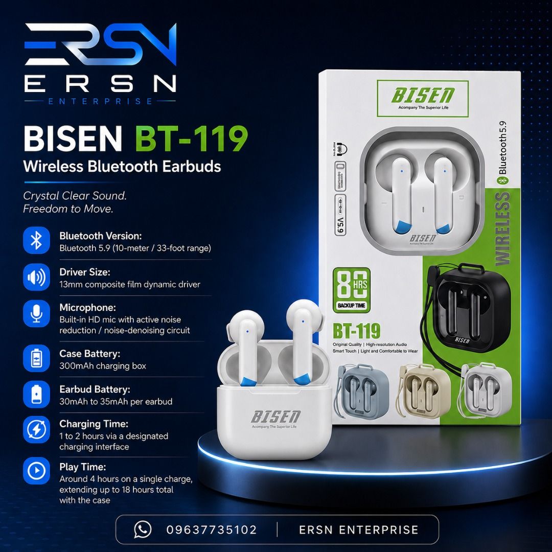 🎧 BISEN BT-119 Wireless Bluetooth Earbuds🎧 (Category: Earphones) located in Santa Rosa. Submitted by ersnenterprises (Listing ID 1451362461, Image 1). Description: 🎧 BISEN BT-119 Wireless Bluetooth Earbuds 🏷️Price per set : ₱3,430 🛒Quantity per set: 7pcs Experience powerful sound, reliable connectivity, and all-day comfort with the BISEN BT-249 Wireless Bluetooth Earbuds. Engineered with Bluetooth 5.9 technology, these earbuds deliver a fast