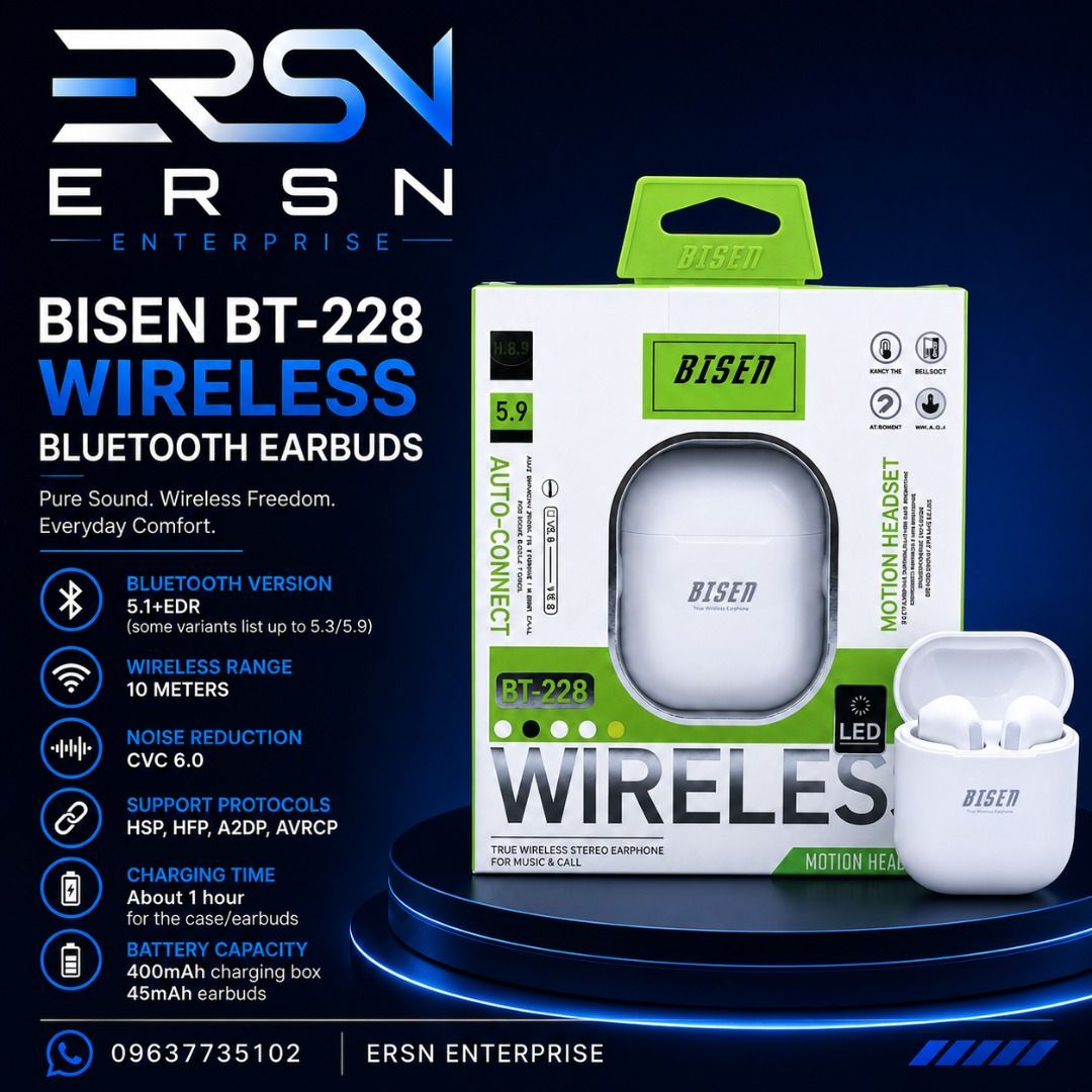 🎧 BISEN BT-228 Bluetooth Wireless Earphone🎧 (Category: Earphones) located in Santa Rosa. Submitted by ersnenterprises (Listing ID 1451356251, Image 1). Description: 🎧 BISEN BT-228 Wireless Bluetooth Earbuds 🏷️Price per set : ₱4,229 🛒Quantity per set: 7pcs Experience Crystal-Clear Sound Anytime, Anywhere! Upgrade your listening experience with the BISEN BT-228 Wireless Bluetooth Earbuds. Designed for music lovers, gamers, and professionals, t