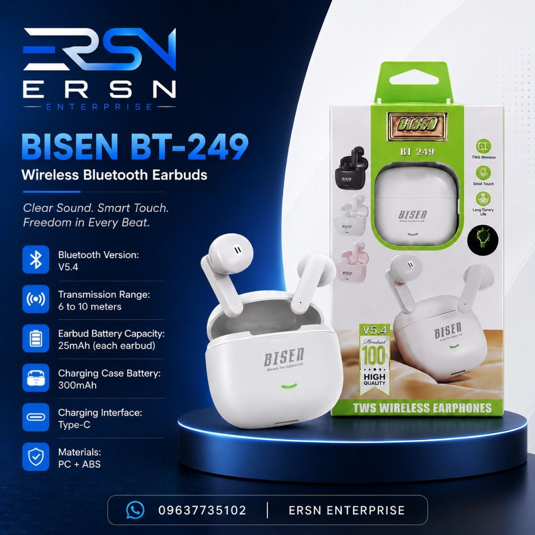 🎧 BISEN BT-249 Wireless Bluetooth Earbuds🎧 (Category: Earphones) located in Santa Rosa. Submitted by ersnenterprises (Listing ID 1451386161, Image 1). Description: 🎧 BISEN BT-249 Wireless Bluetooth Earbuds 🏷️Price per set : ₱3,189 🛒Quantity per set: 7pcs Experience crystal-clear sound and seamless wireless connectivity with the BISEN BT-249. Designed for everyday use, these lightweight earbuds deliver reliable performance, comfortable wear, 