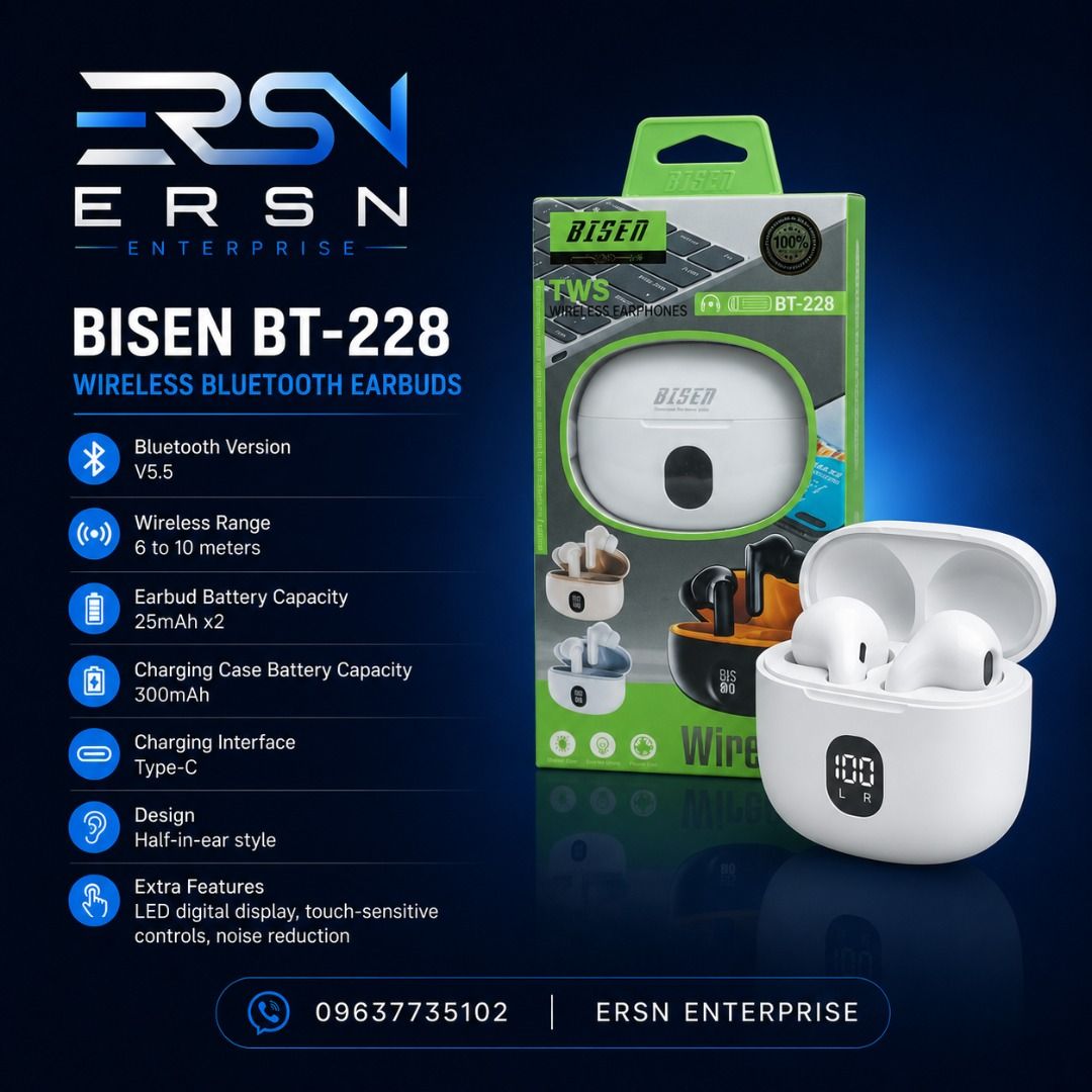 🎧 BISEN BT-510 Wireless Bluetooth Earbuds🎧 (Category: Earphones) located in Santa Rosa. Submitted by ersnenterprises (Listing ID 1451215250, Image 1). Description: 🎧 BISEN BT-510 Wireless Bluetooth Earbuds 🏷️Price per set : ₱4,649 🛒Quantity per set: 7pcs Experience crystal-clear audio and seamless wireless connectivity with the BISEN BT-228 Wireless Bluetooth Earbuds. Designed for everyday comfort, these lightweight half-in-ear earbuds deliv
