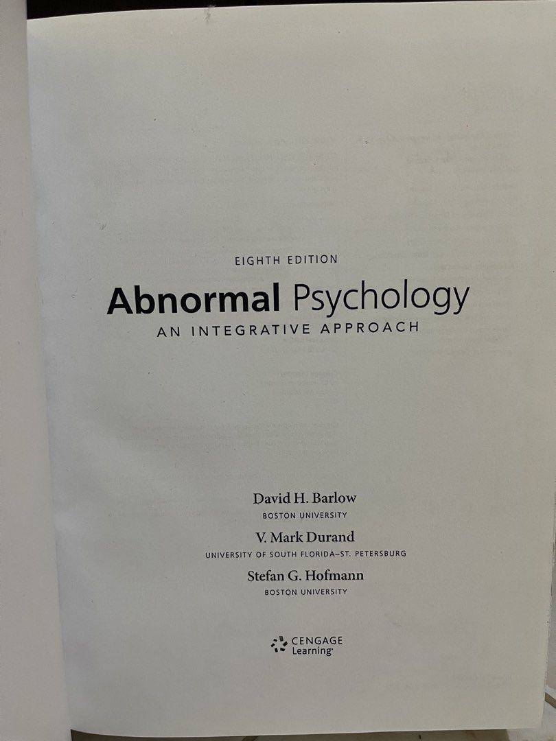 Abnormal Psychology (8th edition) Barlow (Category: Textbooks) located in Lipa City. Submitted by callops14 (Listing ID 1452856597, Image 2). Description: Abnormal Psychology (8th edition) Barlow Hardbound Large selling for cheap price, need funds NEVER BEEN USED. BRAND NEW. yung whites sa gilid ay dust particles lang dm me! <3 abpsych 8ed 8 ed 8th ed 8th edition barlow hb hardbound hard bound L large.