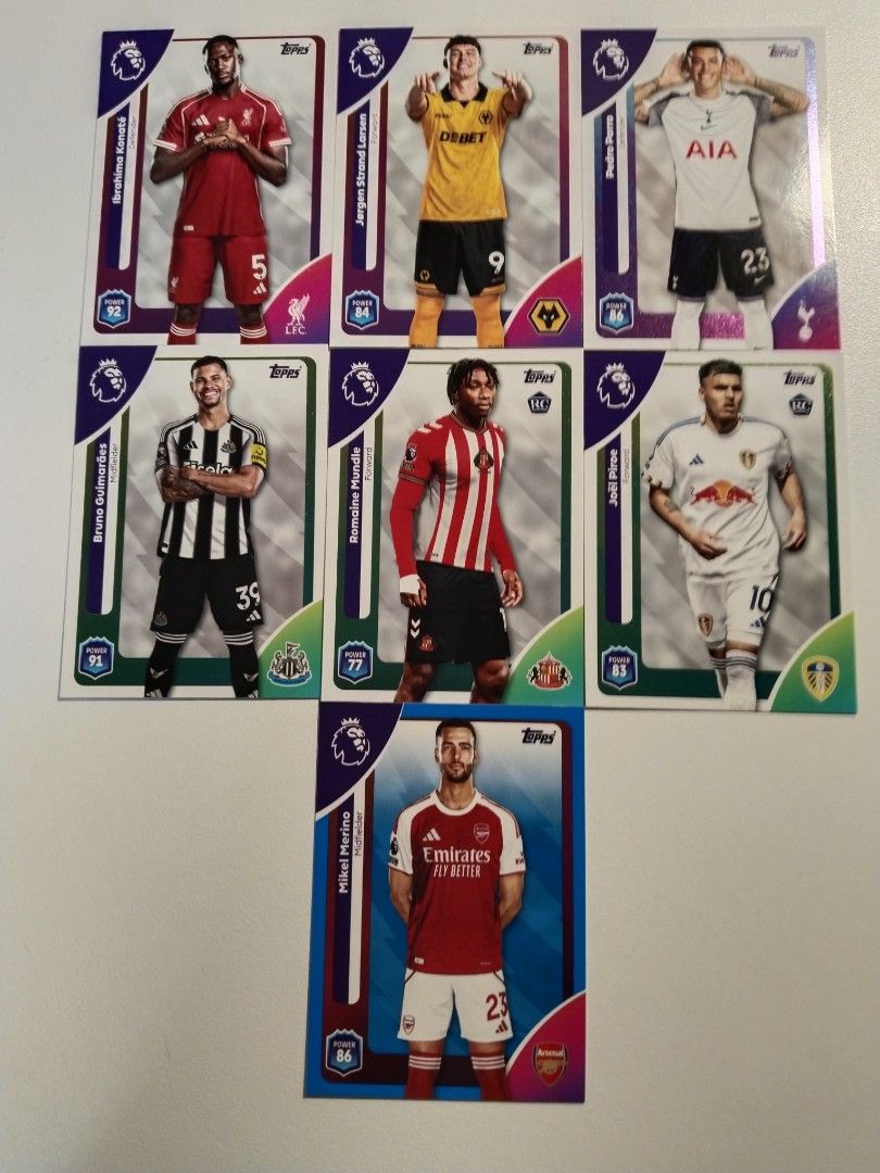 Football assorted cards (Category: Raw Cards) located in Singapore. Submitted by hys_08 (Listing ID 1452819213, Image 1). Description: Topps Premier League 2026 Debut Edition. 1 card for $1, Mikel Merino $2, more than 1 will have varied discount, feel free to clarify. But all for $6. Message for more pictures. Ibrahima Konaté(sold) Jørgen Strand Larsen Pedro Porro(sold) Bruno Guimarães Romaine Mundle Joël Piroe Mikel Merino.