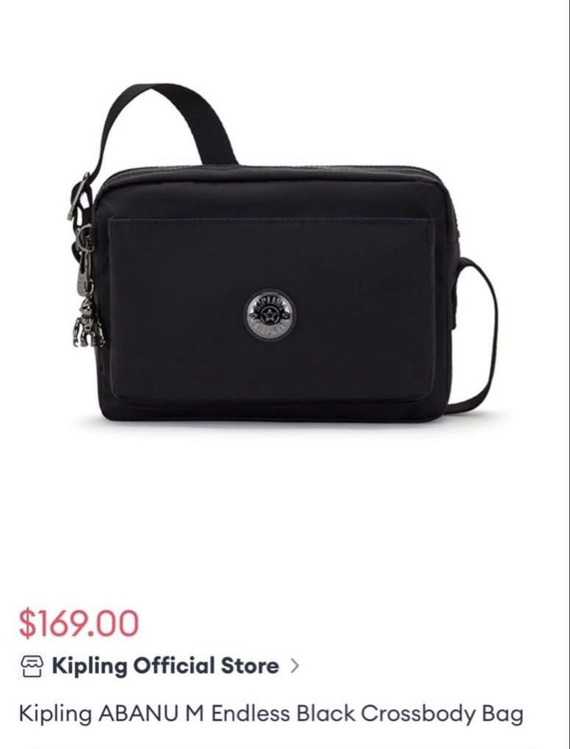 Authentic Kipling (Category: Cross-body Bags) located in Singapore. Submitted by blessingbabe (Listing ID 1452709672, Image 1). Description: - Authentic Kipling ABANU M Endless Black Crossbody Bag - Durable and lightweight nylon material - Classic and versatile black color - Adjustable crossbody strap for comfortable wear - Features the iconic Kipling monkey charm - Multiple zippered compartments for organization - Ideal for everyday use, travel,