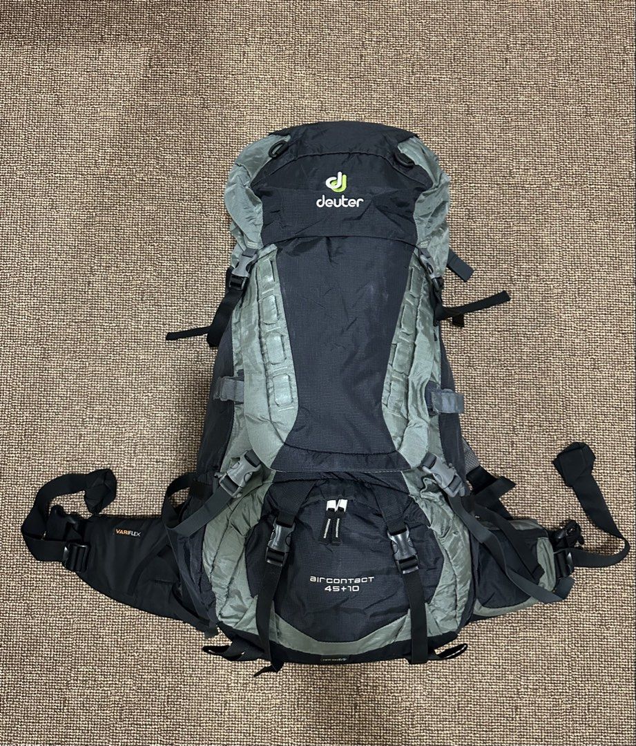 Backpack (Category: Hiking & Camping) located in Cyberjaya. Submitted by MikaTheCat (Listing ID 1452848210, Image 3). Description: - Deuter Aircontact 45+10 backpack - Large capacity: 45L + 10L expandable top lid - Maximum comfort: Aircontact back system with ventilated hip fins - Durable construction: Made from robust Ripstop Polyamide with YKK zippers - Versatile use: Perfect for trekking, camping, travel, and day hikes - Features: Adjustable s
