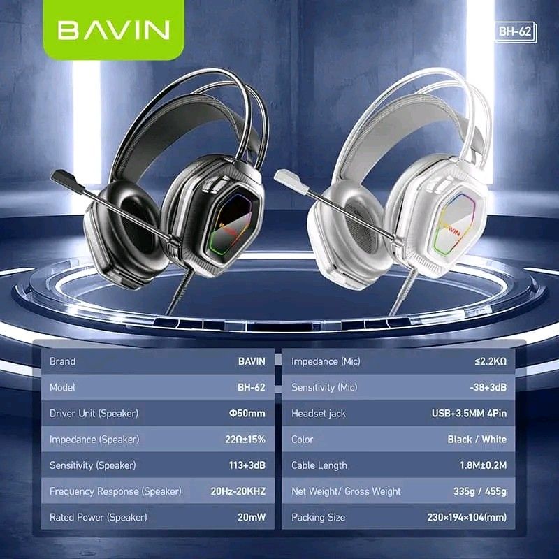 Bavin BH-62 RGB Gaming Headset with Mic (Category: Headphones & Headsets) located in Manila. Submitted by marvieobordo (Listing ID 1452821228, Image 3). Description: - Bavin BH-62 Gaming Headset - Powerful 50mm speaker units for immersive sound - Adaptive telescopic headband for a comfortable fit - Eye-catching RGB lighting on earcups - Versatile USB + 3.5mm jack connection - Available in Black or White.