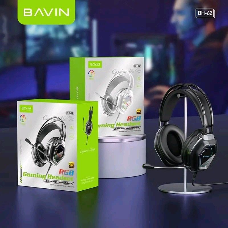 Bavin BH-62 RGB Gaming Headset with Mic (Category: Headphones & Headsets) located in Manila. Submitted by marvieobordo (Listing ID 1452821228, Image 1). Description: - Bavin BH-62 Gaming Headset - Powerful 50mm speaker units for immersive sound - Adaptive telescopic headband for a comfortable fit - Eye-catching RGB lighting on earcups - Versatile USB + 3.5mm jack connection - Available in Black or White.
