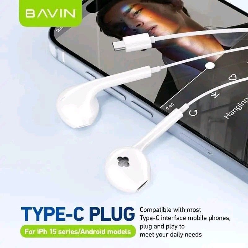 BAVIN HX871 Type-C In-Line Headset for iPhone 15 & Android (Category: Earphones) located in Manila. Submitted by marvieobordo (Listing ID 1452782095, Image 2). Description: - BAVIN HX871 Earphones with Type-C Plug - Compatible with iPhone 15 Series & Android Devices - Built-in HD Microphone for Clear Calls - 1200mm (1.2m) Cable Length - Lightweight and User-Friendly Design - Ideal for Daily Use - Available Colors: Black, White.
