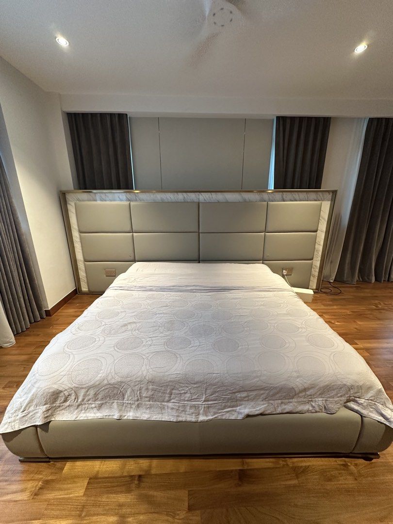 Bed frame (Category: Bed Frames & Mattresses) located in Singapore. Submitted by thygrace (Listing ID 1452862468, Image 1). Description: Brand new king size bed frame for sale. Genuine marble with LED light Measurement - 366*224*149 (external) 180*200 (internal).