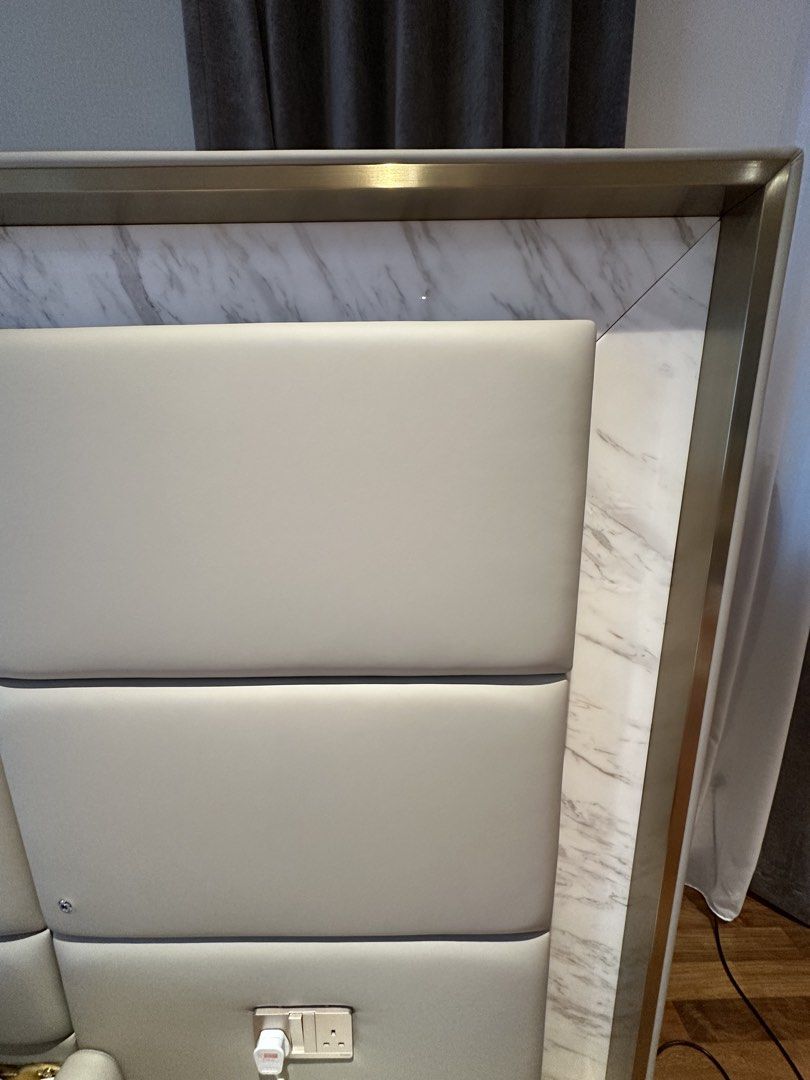 Bed frame (Category: Bed Frames & Mattresses) located in Singapore. Submitted by thygrace (Listing ID 1452862468, Image 3). Description: Brand new king size bed frame for sale. Genuine marble with LED light Measurement - 366*224*149 (external) 180*200 (internal).