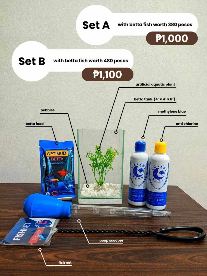 Betta fish Set (Category: Homes & Other Pet Accessories) located in Manila. Submitted by angelotadeo15 (Listing ID 1452819741, Image 1). Description: Betta Fish Package – Set A & Set B ✨ Looking for beautiful betta fish to brighten up your tank? We’ve got special package deals just for you! 📦 Set A – Includes (1 Betta Fish worth ₱380 + Food Food + Fish Tank Set/Accessories + Methylene Blue + Anti Chlorine + Fish Net + Poop Scooper) 📦 Set B – In
