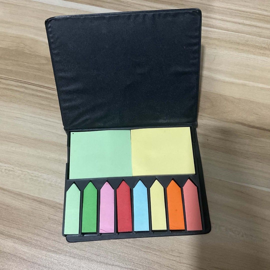Black Case Sticky Notes Set (Category: Stationery & School Supplies) located in Valenzuela. Submitted by carlywaters (Listing ID 1452733250, Image 1). Description: - Black case organizer - Includes 2 large square sticky notes (light green, yellow) - Features 10 arrow-shaped sticky flags in assorted colors (light green, green, pink, red, light blue, yellow, orange, pink) - Ideal for marking pages and staying organized - Have to buy at least 1 item