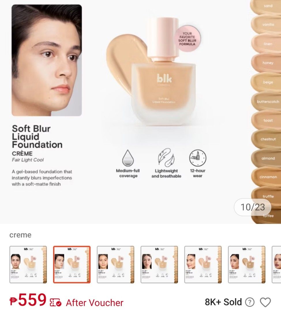 BLK SOFT BLUR LIQUID FOUNDATION - CRÈME (FAIR LIGHT COOL) (Category: Makeup) located in Cavite. Submitted by justclovercat (Listing ID 1452799363, Image 3). Description: - Shade: Crème (fair light cool) - Gel-based foundation, medium to full coverage, and lightweight! - 30 ml originally. Approximately 85% full (25.5 ml left) - Bought and opened last February 2026 - Hygienically stored, no damage to packaging. The visible line you see inside the b