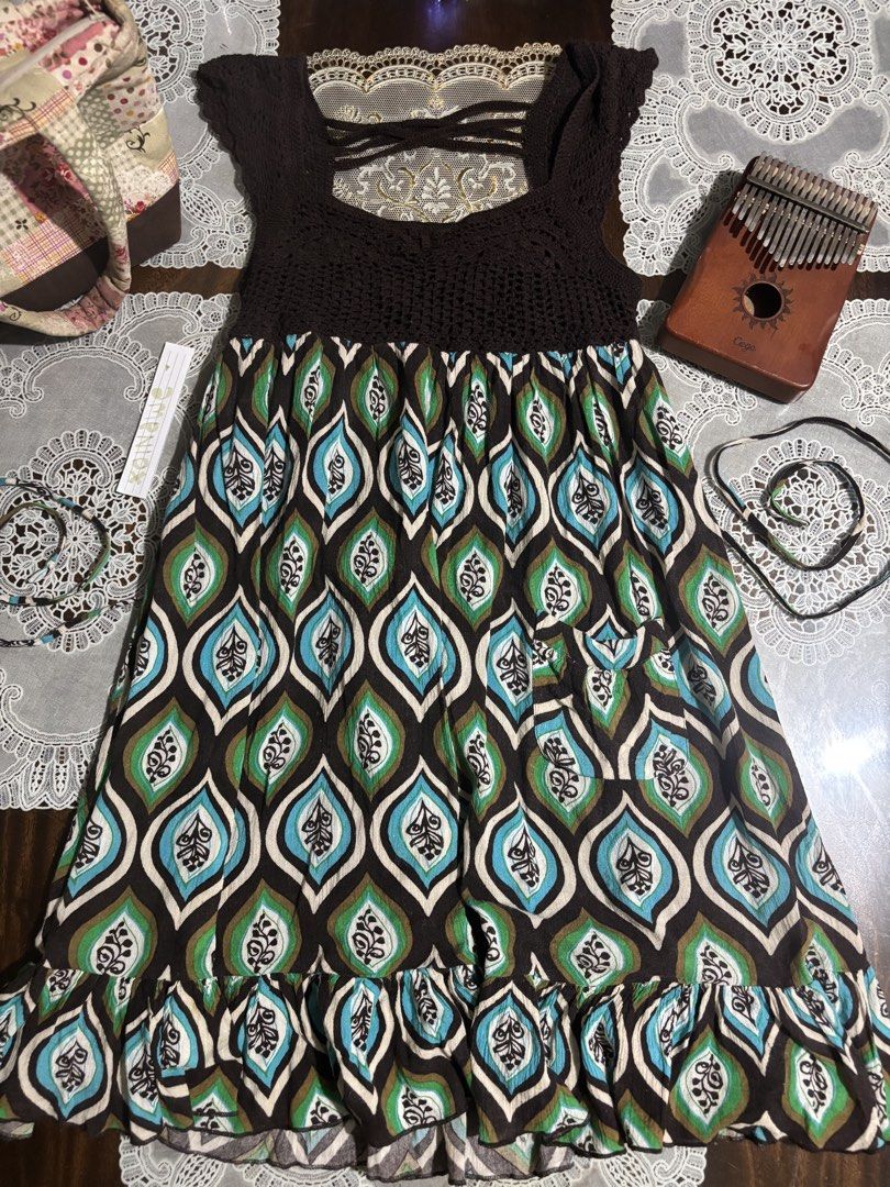cottagecore/whimsical/bohemian dress (Category: Dresses) located in Zaragoza. Submitted by xoinawe (Listing ID 1452840732, Image 1). Description: a flowy dress must always include a pocket for rock, mushroom or seashell collecting festivities.ᐟ lucky you, i have just the one. with crochet top and criss-cross straps, a walk through the forest or seashore will be a pleasure. how wonderful the ruffled hem looks— it must be paired with a tie..