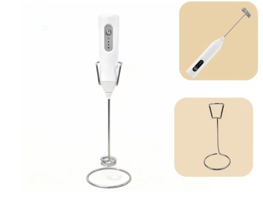 Electric Milk Frother with Stand (Category: Coffee Machines & Makers) located in Paranaque City. Submitted by potatoiceblended (Listing ID 1452835268, Image 1). Description: - White electric milk frother for home use - Perfect for lattes and cappuccinos - Includes a stylish metal stand - Rechargeable with power indicator lights - Easy to use and clean.