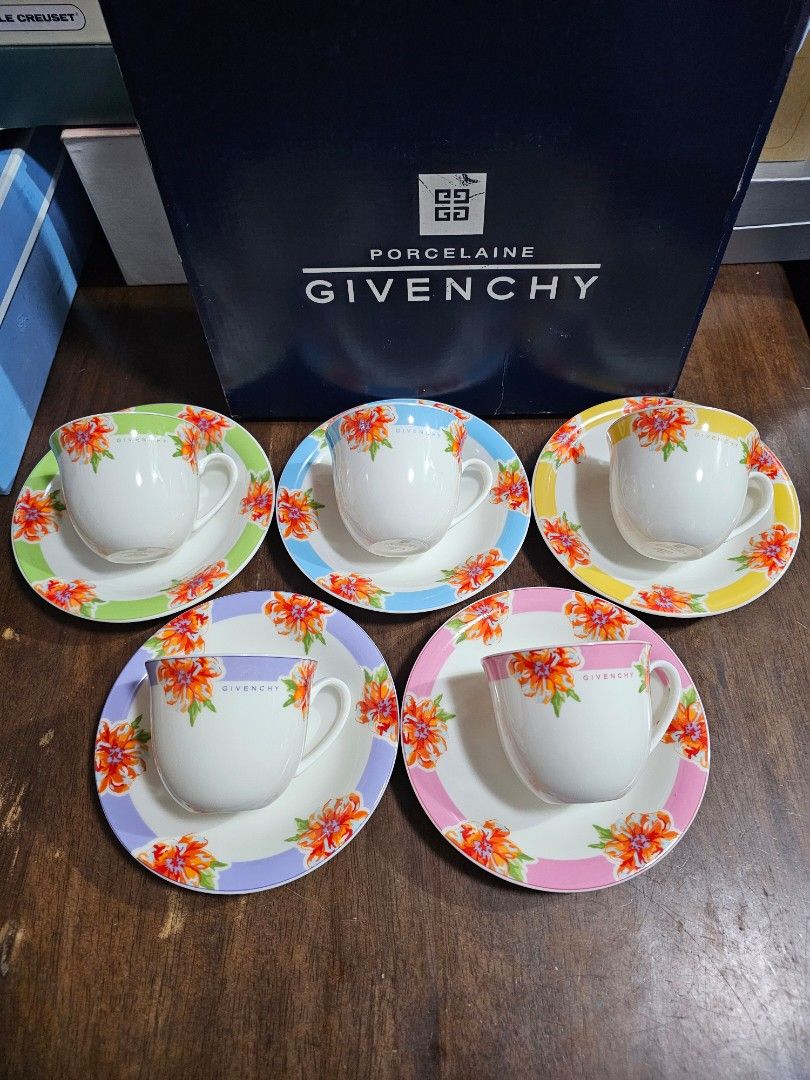 SALE❗️GIVENCHY Floral 2 - 5 Duos (Category: Coffee & Tea Tableware) located in Quezon City. Submitted by senyoramaria (Listing ID 1452874252, Image 1). Description: GIVENCHY Porcelaine Floral pattern 5 Duos Cups 3.1 inches rim diameter 2.6 inches tall Saucers 5.8 inches in diameter Brandnew with box. Php4000❗️.