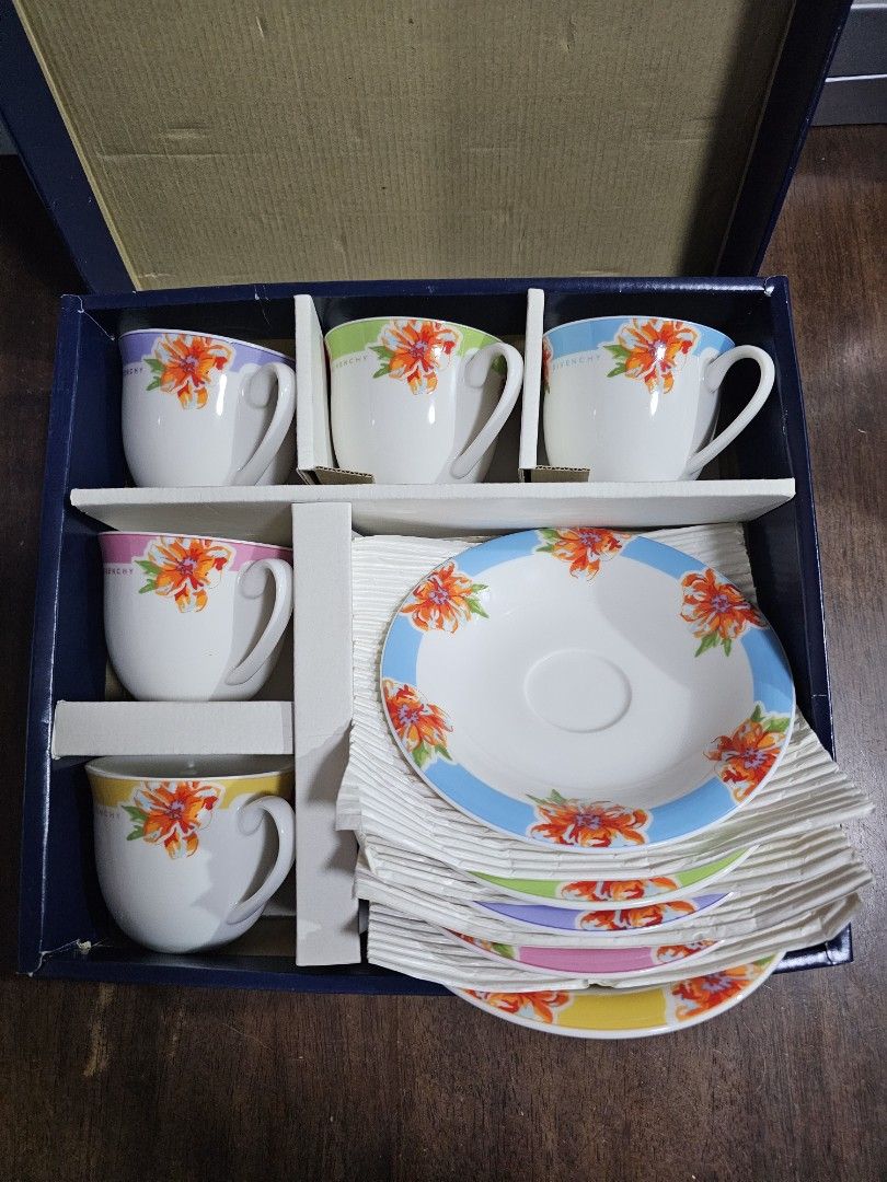 SALE❗️GIVENCHY Floral 2 - 5 Duos (Category: Coffee & Tea Tableware) located in Quezon City. Submitted by senyoramaria (Listing ID 1452874252, Image 2). Description: GIVENCHY Porcelaine Floral pattern 5 Duos Cups 3.1 inches rim diameter 2.6 inches tall Saucers 5.8 inches in diameter Brandnew with box. Php4000❗️.